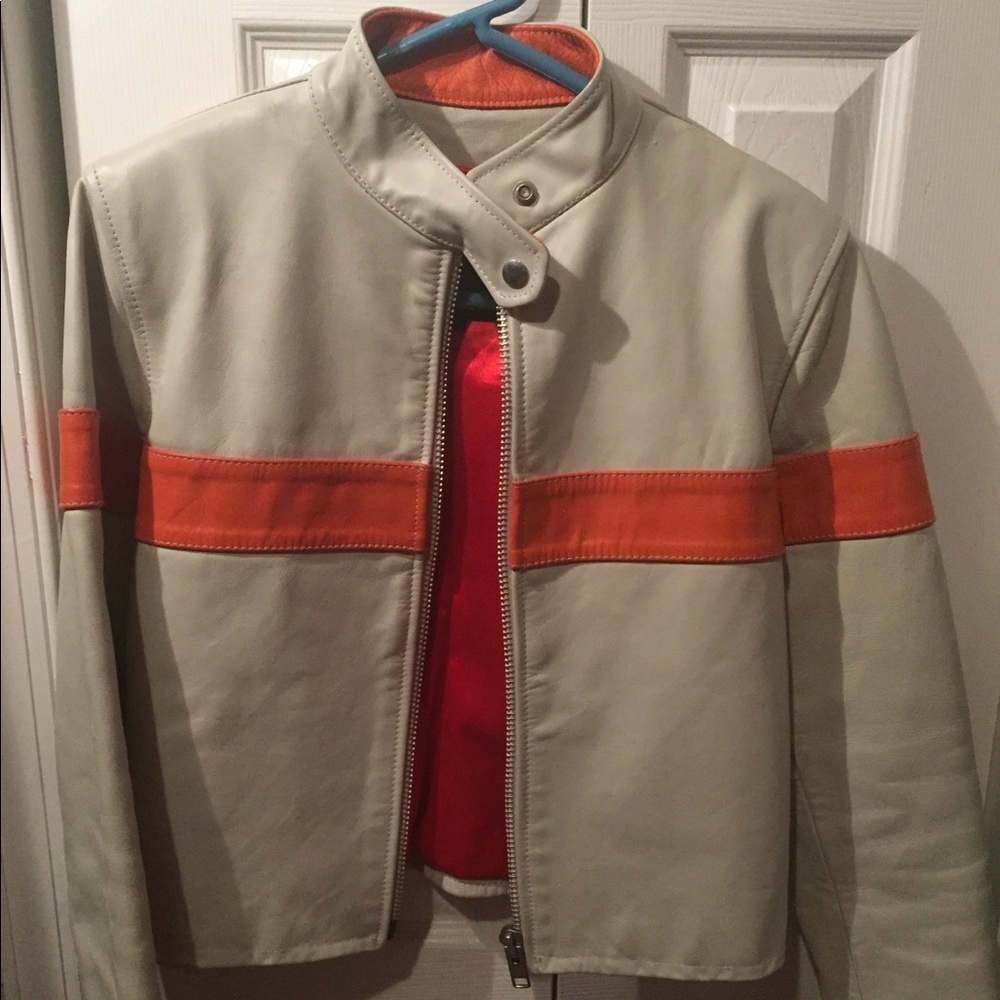 White and orange leather moto jacket